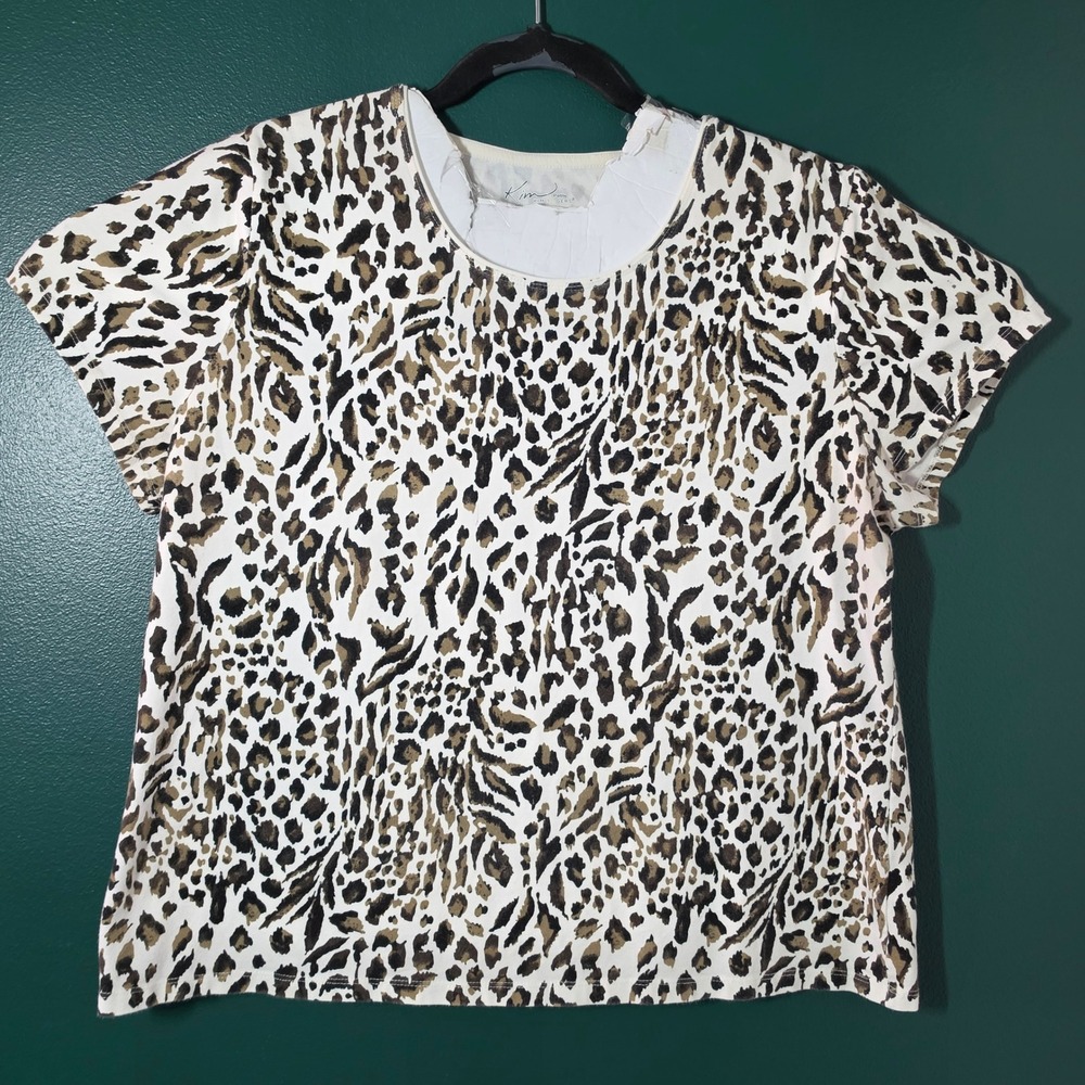 Kim Rogers Petite Animal Print Short Sleeve Top Brown Tan PXL Cotton Spandex